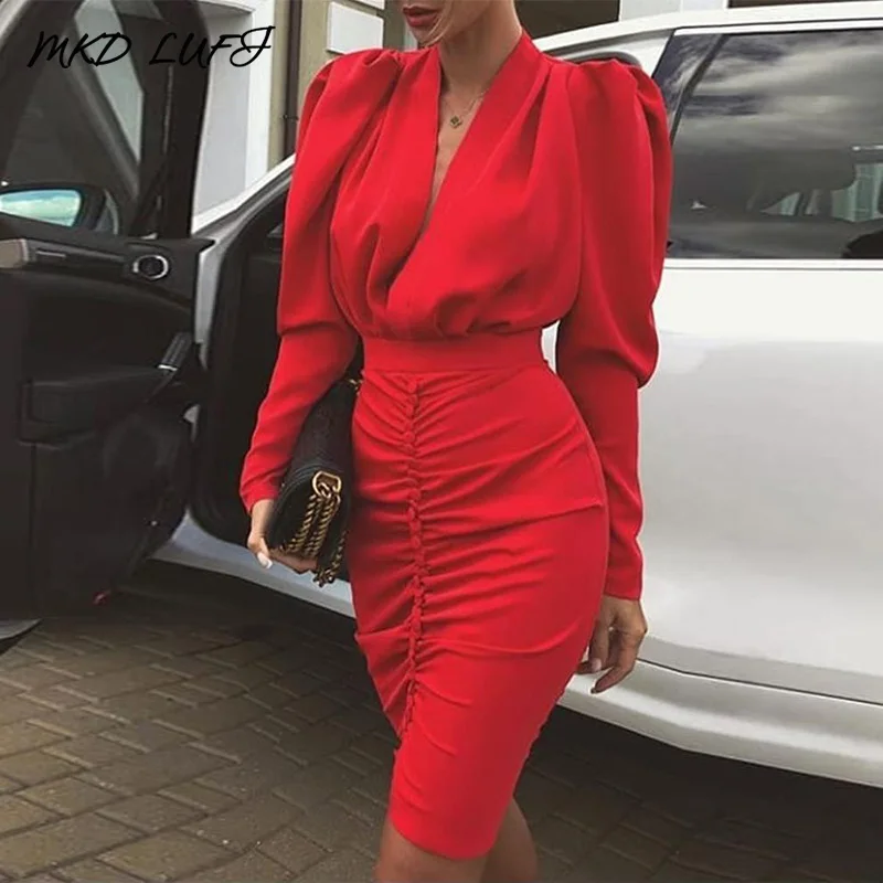 Приталенное облегающее платье с рюшами женские сексуальные вечерние платья v