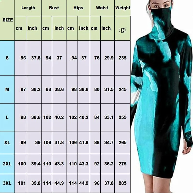 

Tie Dye Mini Woman Tight Dress with Mask Dust-Proof Long Sleeve Straight Dresses Turtleneck Woman Streetwear Fashion Clothes