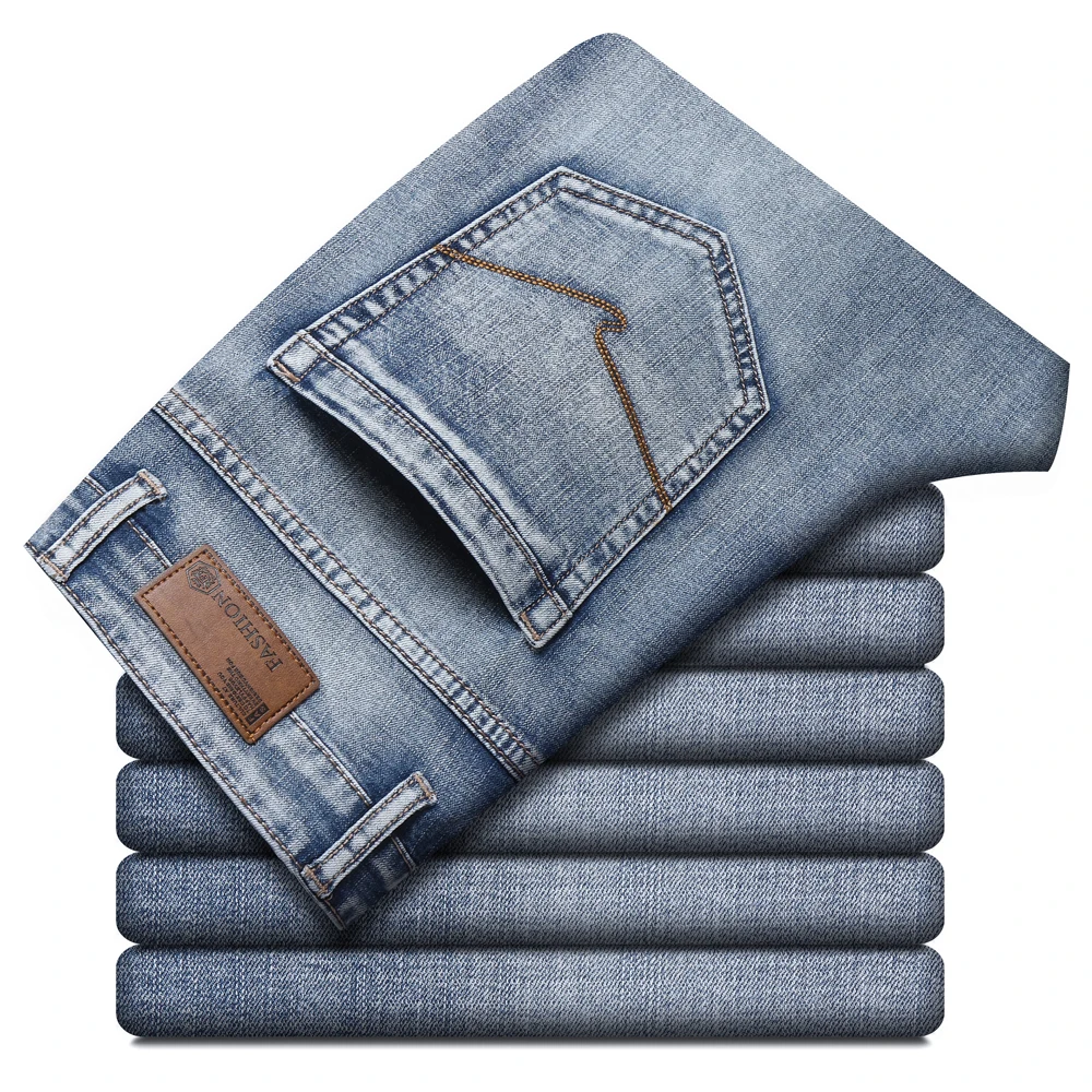 

Men's Blue Gray Jeans 2021 Summer New Anti-theft Zipper Design Stretch Straight-leg Denim Pants Male Brand Trousers