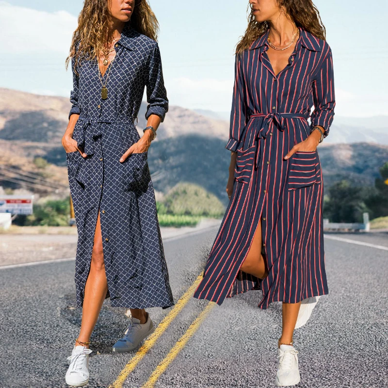 

ZOGAA New Fashion Striped Lady Shirt Dress Long Sleeve Turn Down Collar Casual Dresses Pockets Bandage Elegant Midi Dress Robe