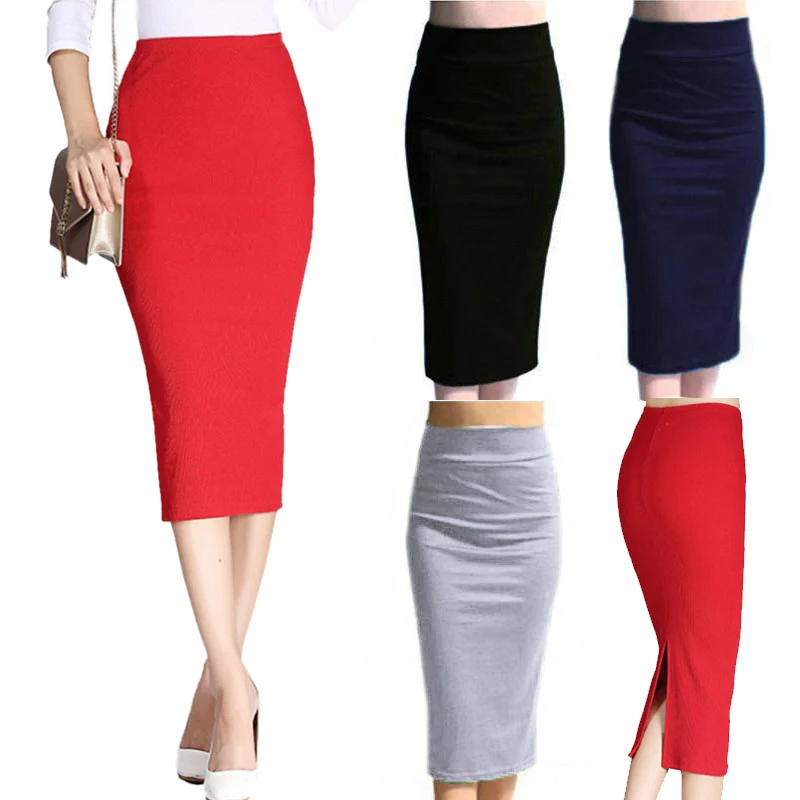 Hot Autumn Winter Women Pencil Skirt High Waist Cotton Solid Color Stretch Elastic Slim Business OL Split Bodycon Skirts IE998 | Женская