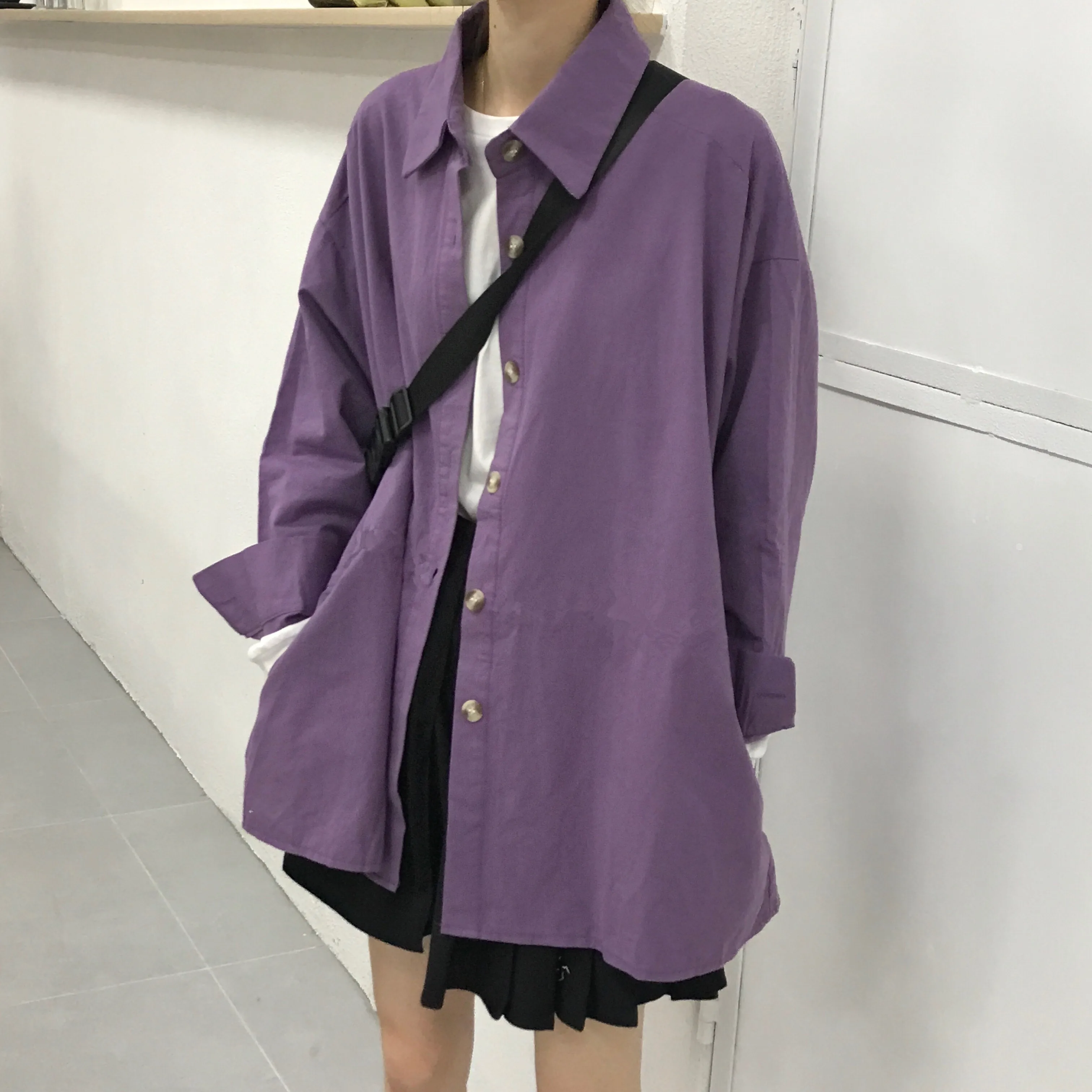 Chic Purple Shirts Long Sleeve Cotton Blouse Plus Size Tops Oversize Black Boyfriends Relax Loose Turn Down Collar Clothes