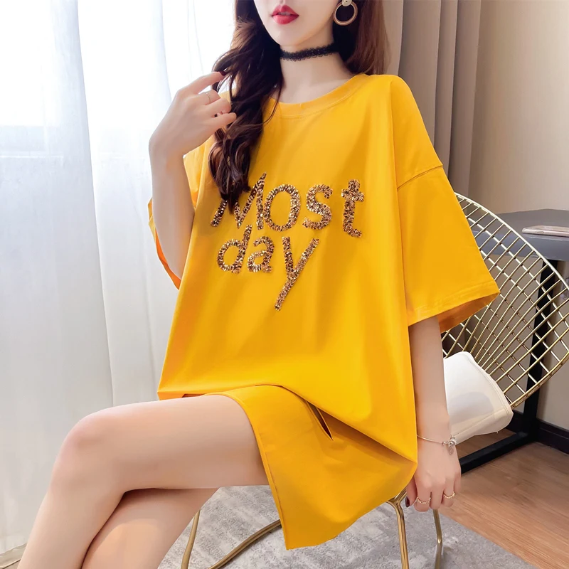 #0707 черная белая Желтая Женская футболка с буквами блестками длинная круглым