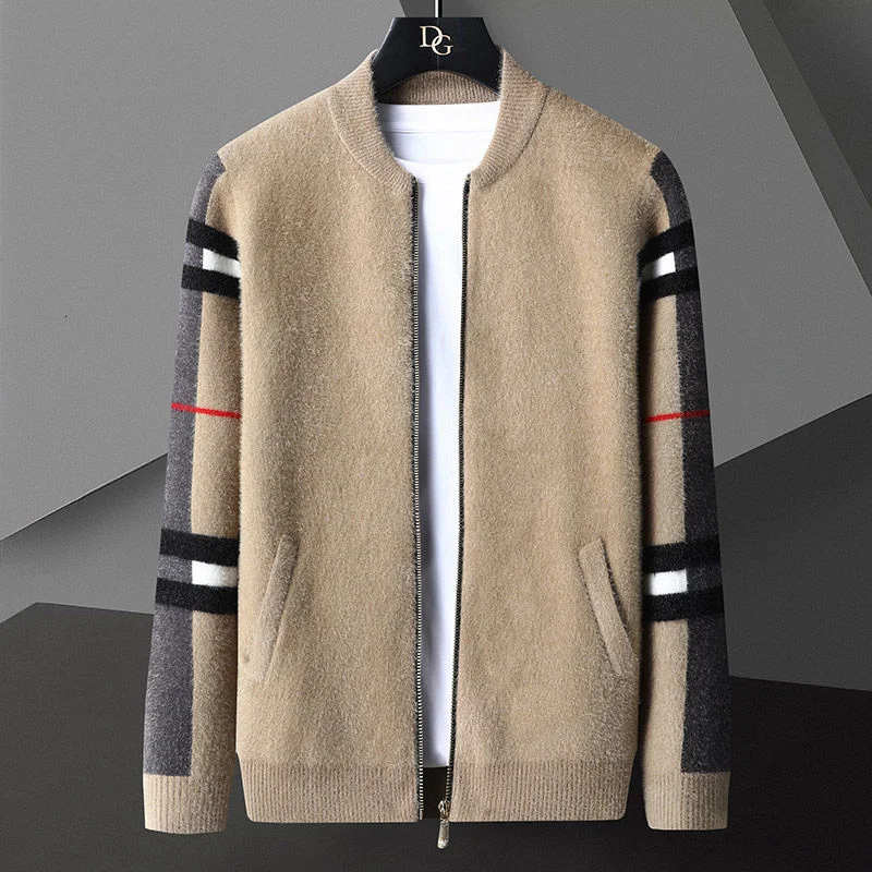 

England Style Pocket Men Zipped Jacket Cardigan Fashion Brand Fall Winter Designer Cardigan Plus Size Spliced Color Knit Jacket