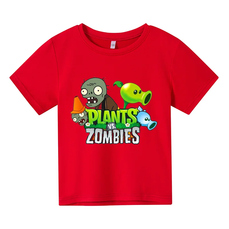 

2021 Summer boy girl plant vs zombie printing T-shirt casual garden war printing cotton T-shirt 4T-14T spot