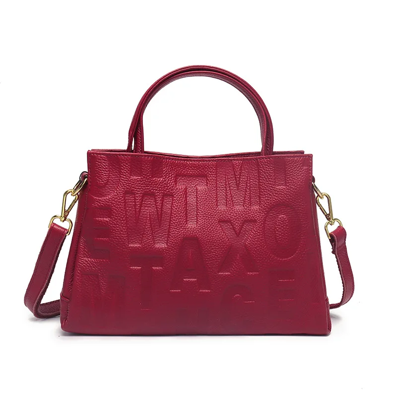 

Simple Press Letter Design Tote Bag 100% Cowhide Leather Women Handbag Quality A+ Ladies Shoulder Crossbody Bag Deep Blue