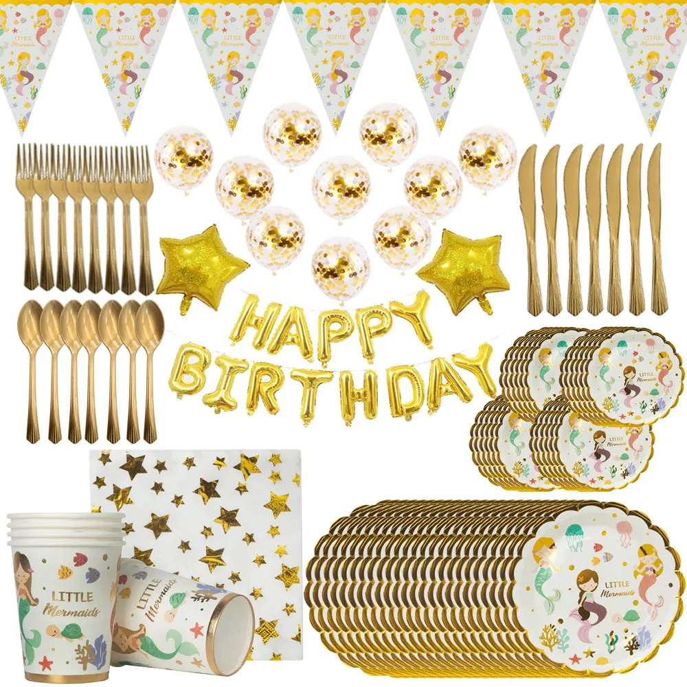 

Kids Birthday Party Decorations Kids Mermaid Party Plates Cups Napkins Banner Flags Gold Straws Mermaid Birthday Party Supplies