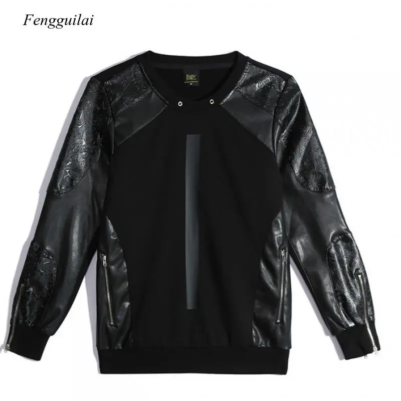 

Mens New Brand Winter Thick Patchwork Pu Leather Sportswear Black Track Suit Men Set Fitness Sweatshirt