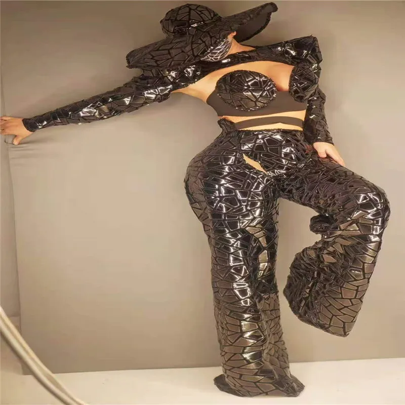 

H122 Singer Sequins Mirror Pole Dancer Perspective Bodysuit Costume Catwalk Party Drilling Chain Diamond Sexy Elastic Stretched