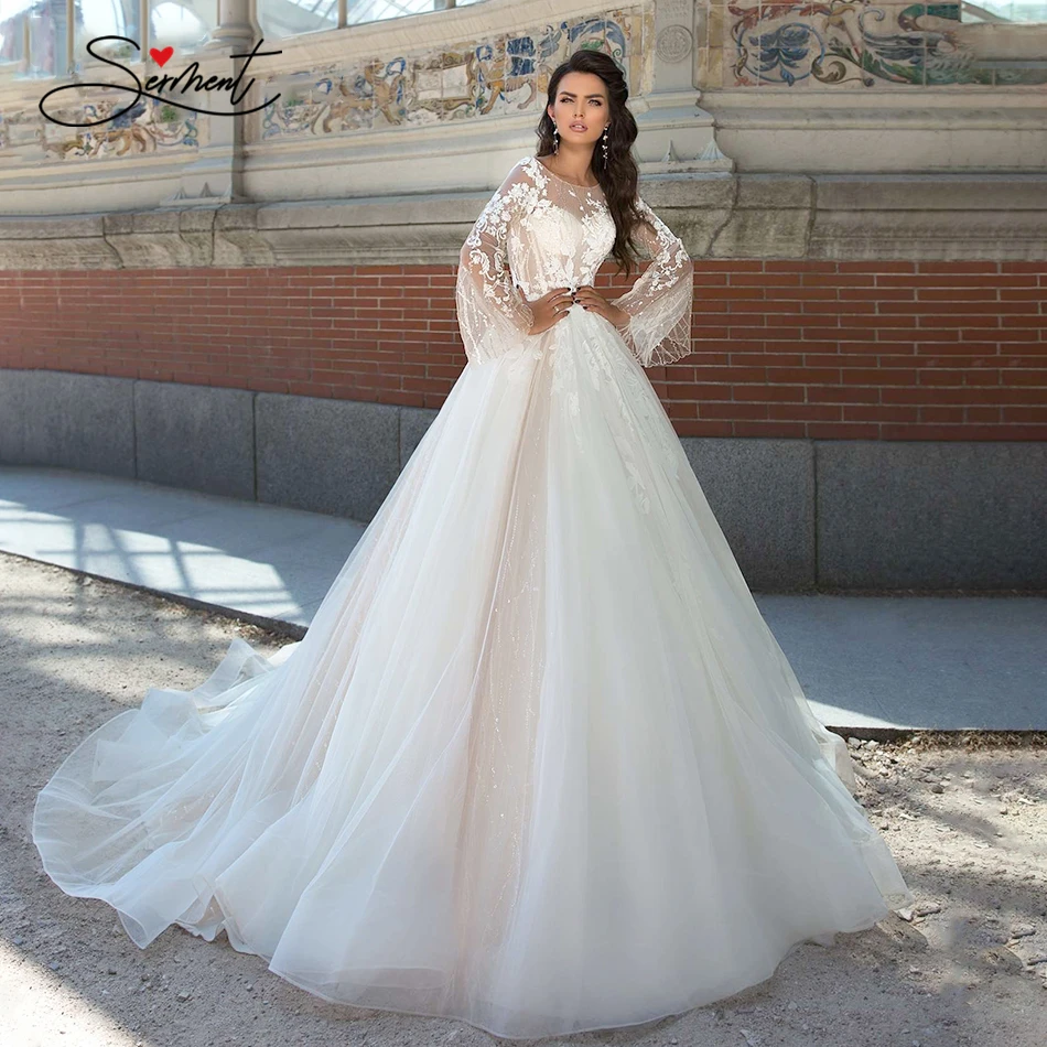 

BAZIIINGAAA свадебное платье с длинным рукавом, водолазка с расклешенными рукавами, Кружевное Свадебное благородное платье с аппликацией для му...