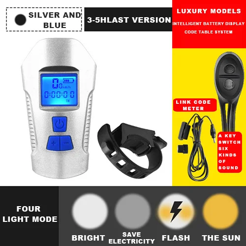Silver 5 Режим USB фонарь для велосипеда и велосипеда компьютер 6 Режим Рог фонарик цикл велосипедный Спидометр светодиодные Передние Фары велосипедные фары - Цвет: Silver