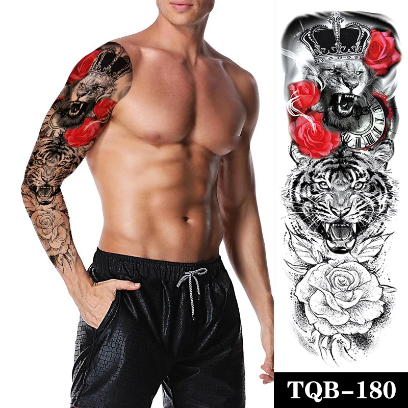 

Large Arm Sleeve Tattoo Lion Crown King Rose Waterproof Temporary Tatoo Sticker Wild Tiger Clock Women Men Full Arm Totem Tattoo