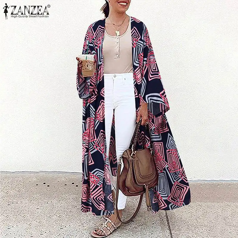 Модные женские летние блузки ZANZEA 2023 кимоно с принтом накидка праздничные Блузы