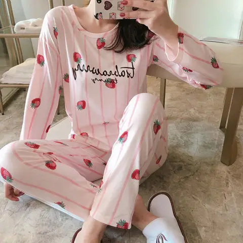 Pajamas suit Осенне-зимний пижамный комплект для женщин, полосатый хлопковый Длинный топ, длинные штаны, комплект из 2 предметов, пижамный комплект для женщин, милая одежда для сна, пижама для девочек - Color: Pajamas suit