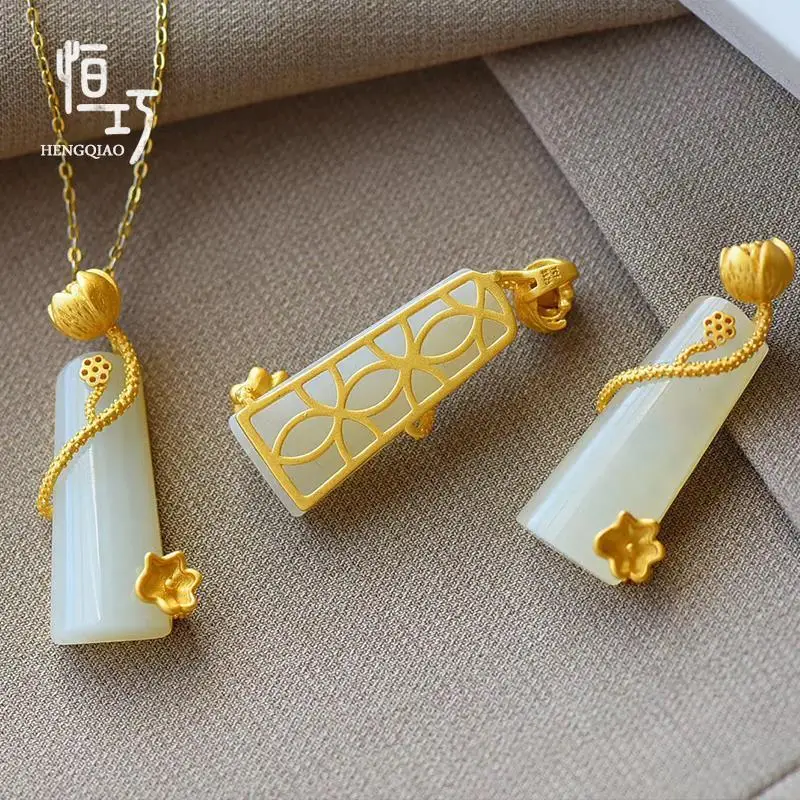 

Beautiful Unsquare Item ~ Great Design Lotus Lucky Pendant 925 Sterling Silver Hetian Jade Inlaid Pendant Vintage Necklace for