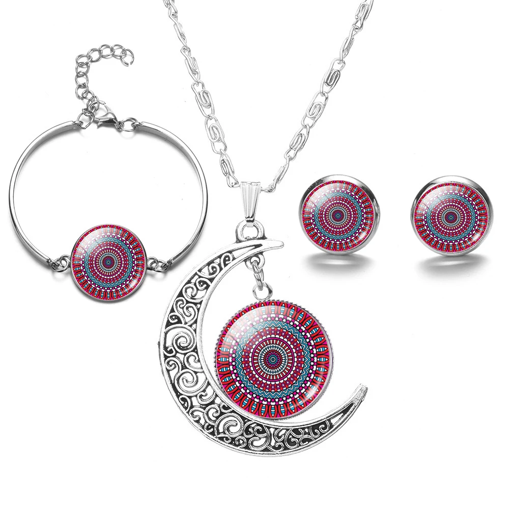 

Indian Bohemian Mandala Jewelry Sets Handmade Time Gem Necklace Earrings Bracelet for Women Yoga Buddhism Statement Jewelry