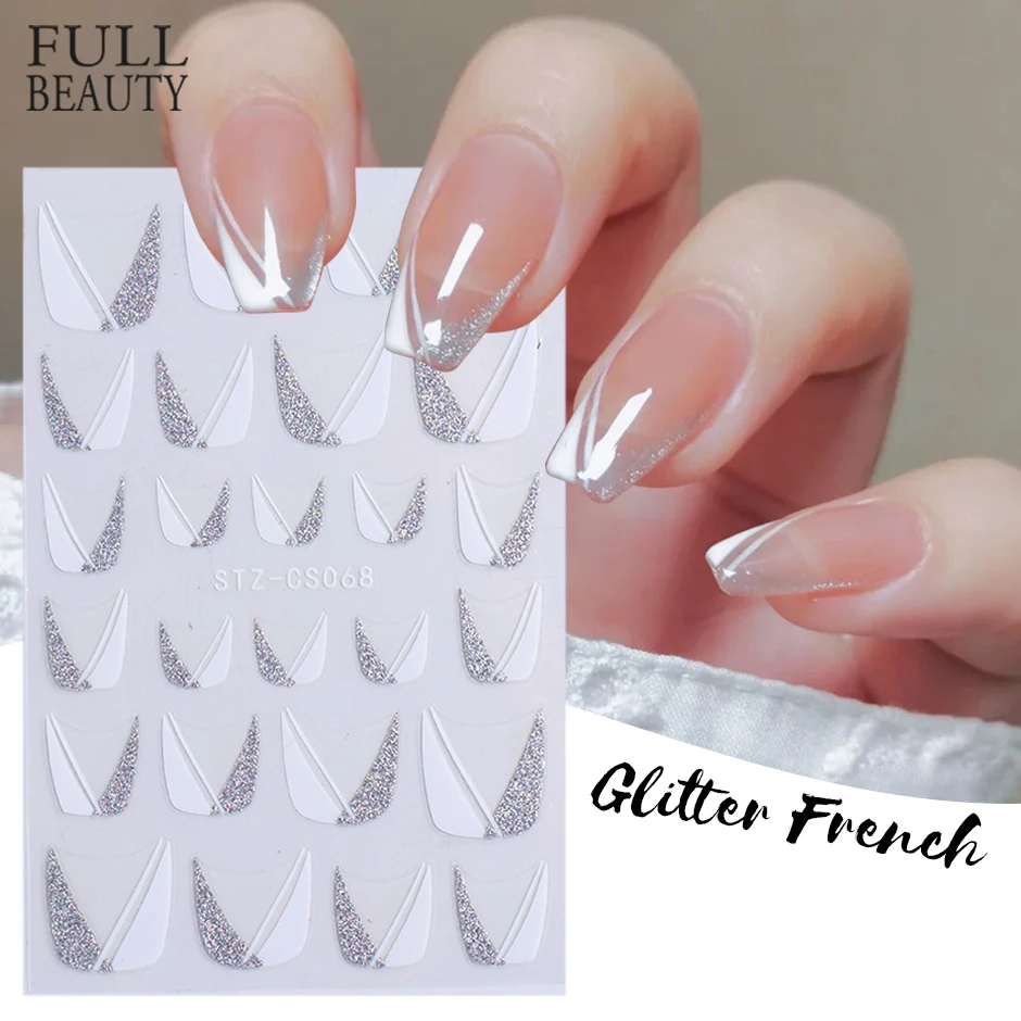 

Silver Glitter French Line Nails Stickers Sparkly White Oblique Strip Decals 3D Creative Geometry Star Manicure Tips CHSTZ-CS068