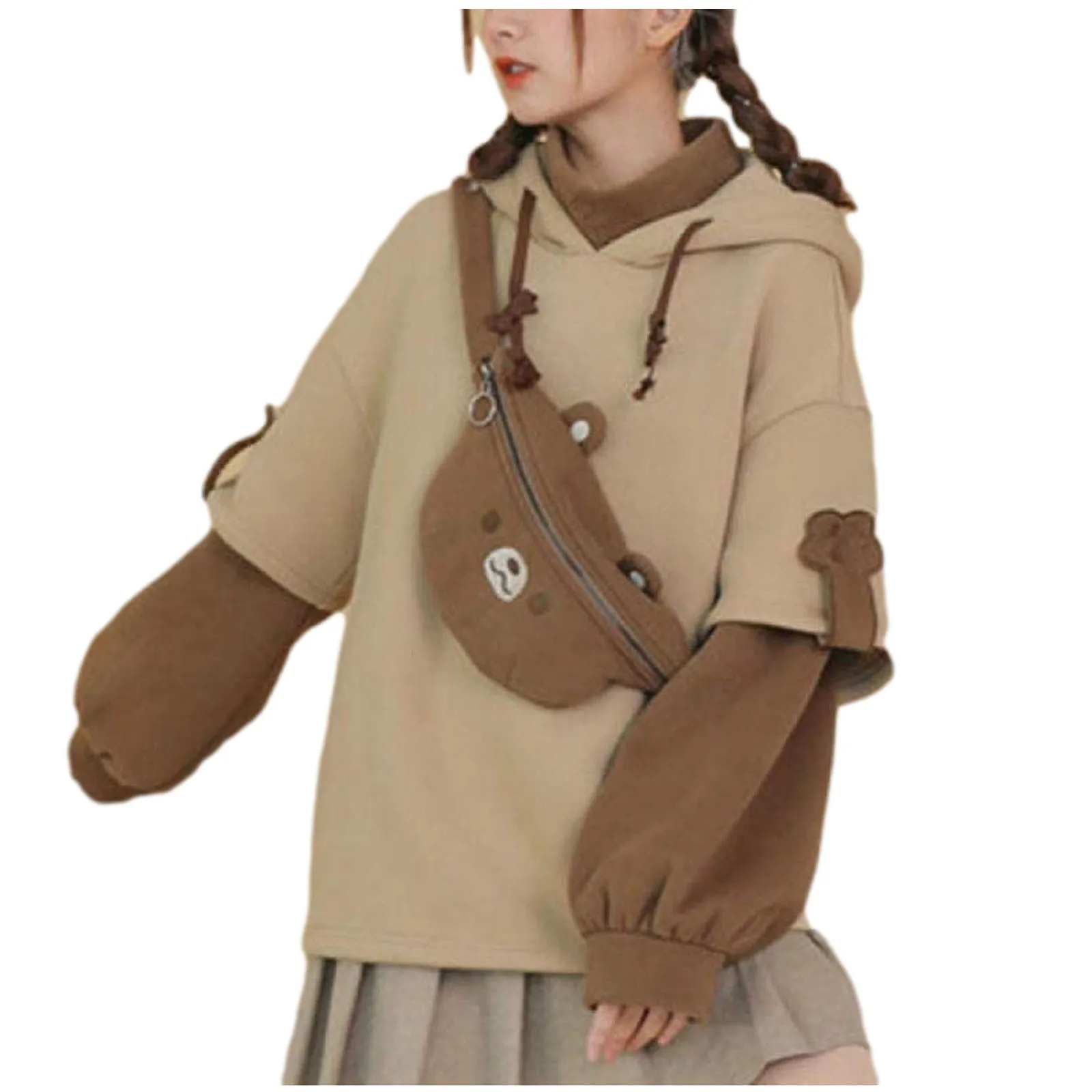 

1PCS Sweatshirt Woman's Brown Bear Hoodie Cute Style Autumn Winter Thermal Long sSeeve Sweatshirt And 1PCS Personality Bag