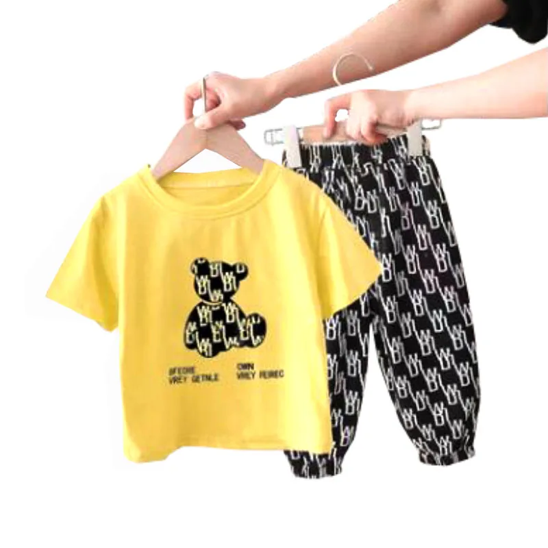 

3-10 year girls summer leisure sports two-piece cartoon letter printed Short sleeve T-shirt + nine-point pants quality clothing