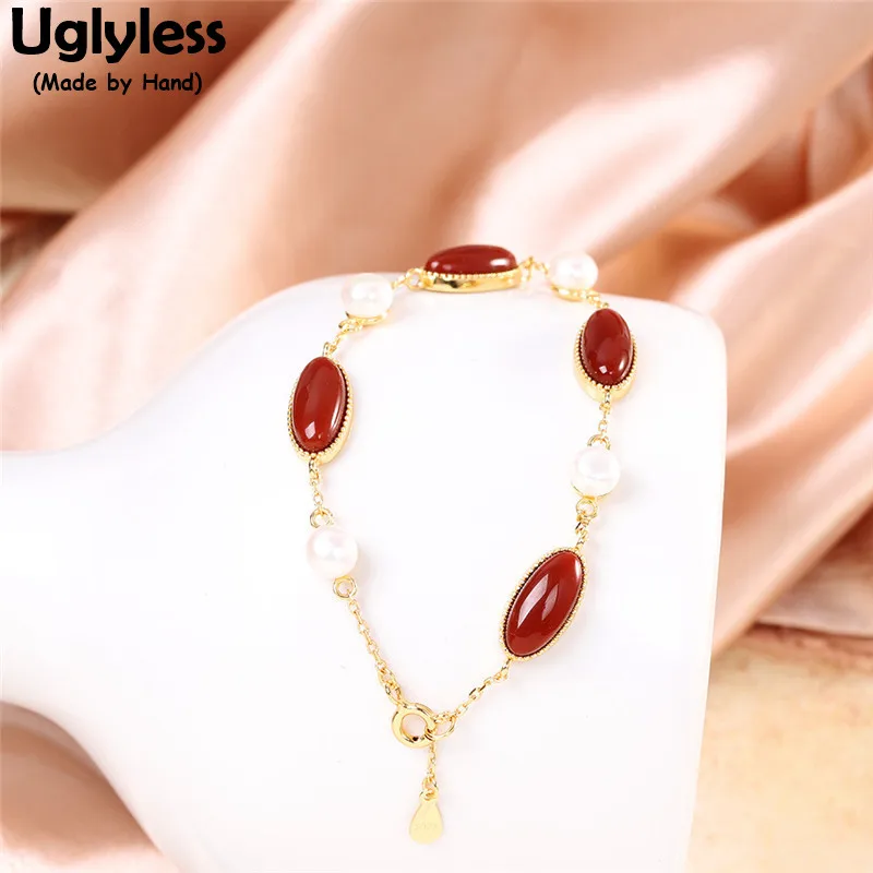 

Uglyless Olive Shaped Natural Agate Bracelets for Women Freshwater Pearls Summer Dress Jewelry Gold 925 Silver Bracelet Gemstone