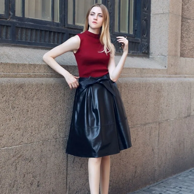 

2020 New Arrival Woman Knee Length Skirts High Quality Leather High Waist Pleated Skirts Fashion Bowknot Ladies Skirts Plus Size
