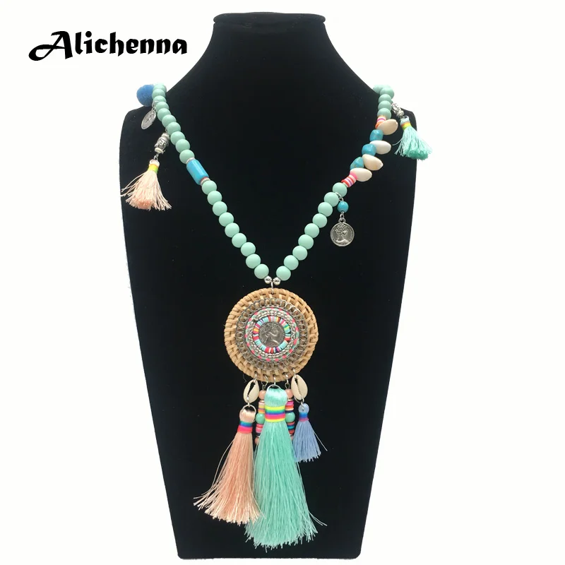 Ручная работа женское круглое ожерелье из ротанга с кисточкой длинное богемное