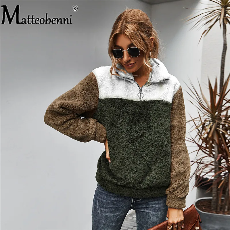 Модная Толстовка в стиле пэчворк из плюша Женская Повседневная большого размера