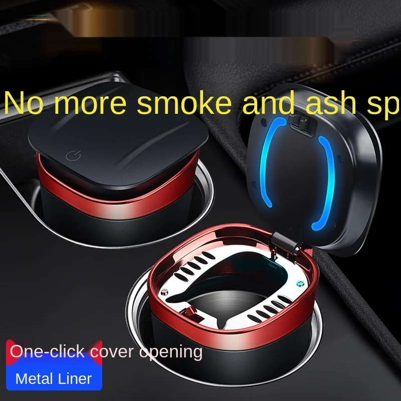 

High quality black car portable metal ashtray with light best family car high-end trash can automatically light up car ashtray