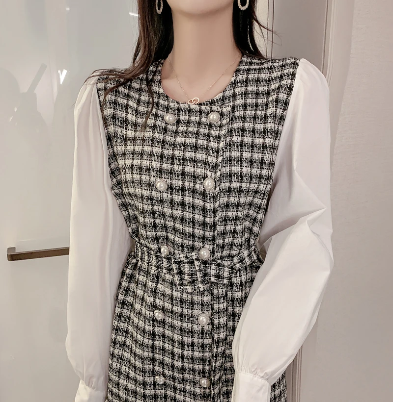 Клетчатое платье женское 2019 осень Новое Женское французское офисное винтажное