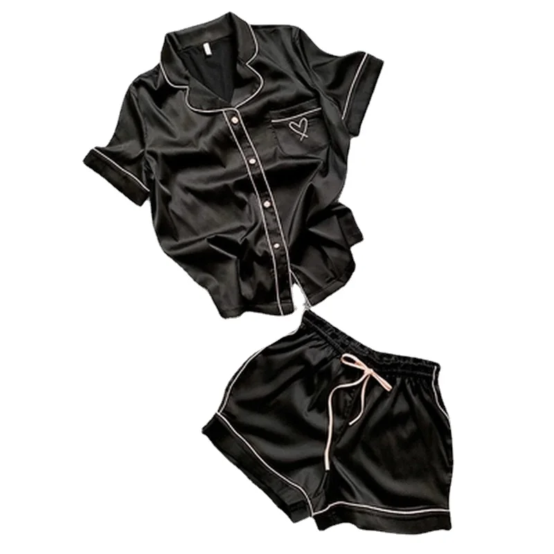 

Silk Pajamas for Women Home Suit Heart Embroidered Pyjamas Pj Set Satin Nightwear Sleepwear 2020 Pijama Verano Mujer