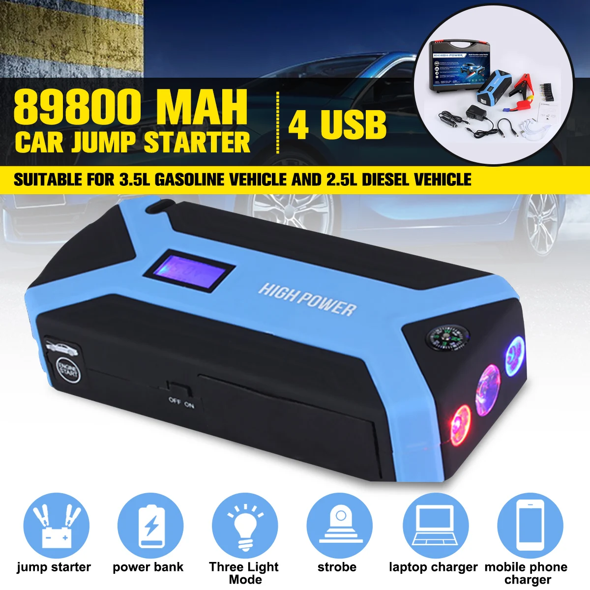 Многофункциональное автомобильное пусковое устройство power Bank 89800mah 12V 4USB 300A переносной Аккумуляторный усилитель бензиновое дизельное зарядное устройство пусковое устройство