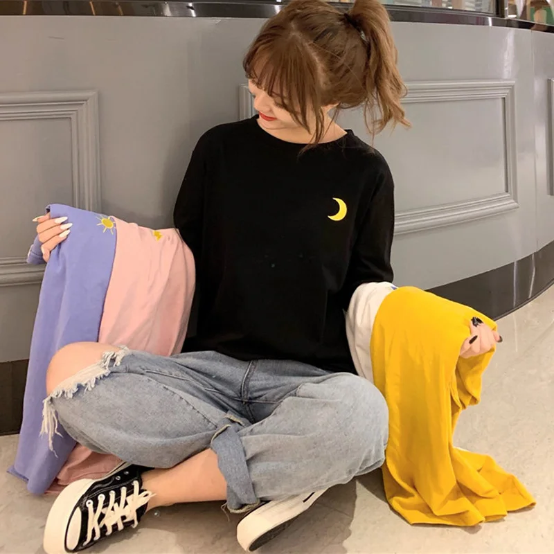 Harajuku Vintage t shirt Ulzzang Girlfriends kawaii rainbow stripe t-Shirts autumn Women Casual Loose long Sleeve pink Top Femme