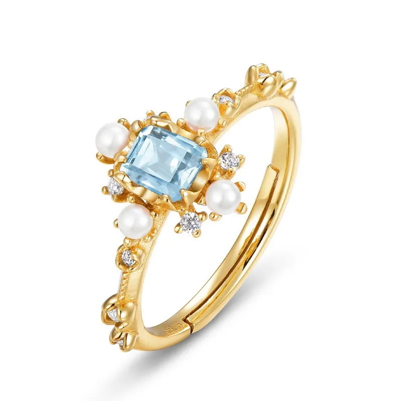 

Fengxiaoling Real 925 Sterling Silver Natural Blue Topaz Rectangle Rings For Women Freshness Beauty Mini Pearl Ring Jewellery