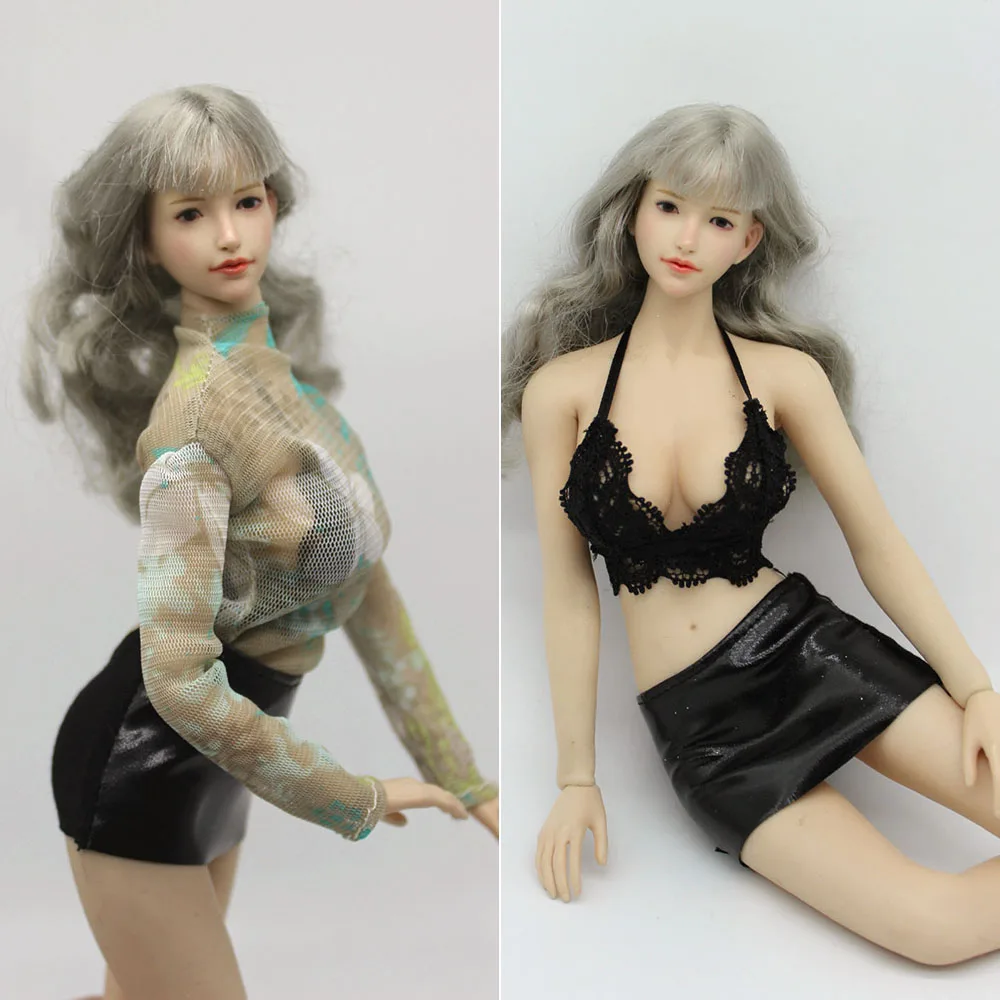 

1/6 Female Simulation Clothes Sexy Appeal Nightclub Perspective Lace Leather Skirt Suit for 12 inch Action Figure Body Model
