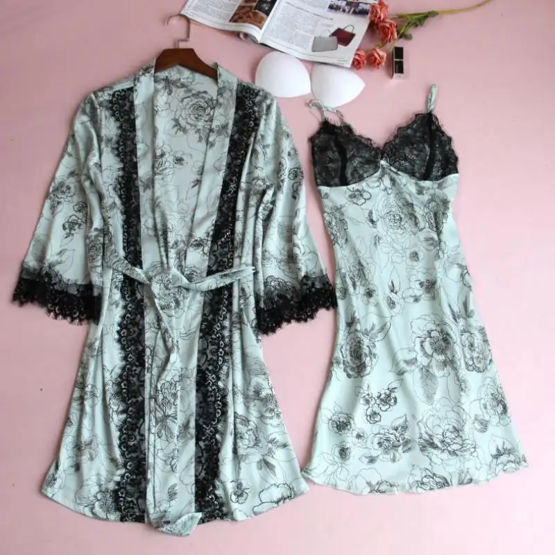 

Flower Kimono Bathrobe Gown New Arrival Sleepwear Women 2PCS Robe Set Nightgown Print Satin Lace Sexy Sleep Set Casual Nightwear
