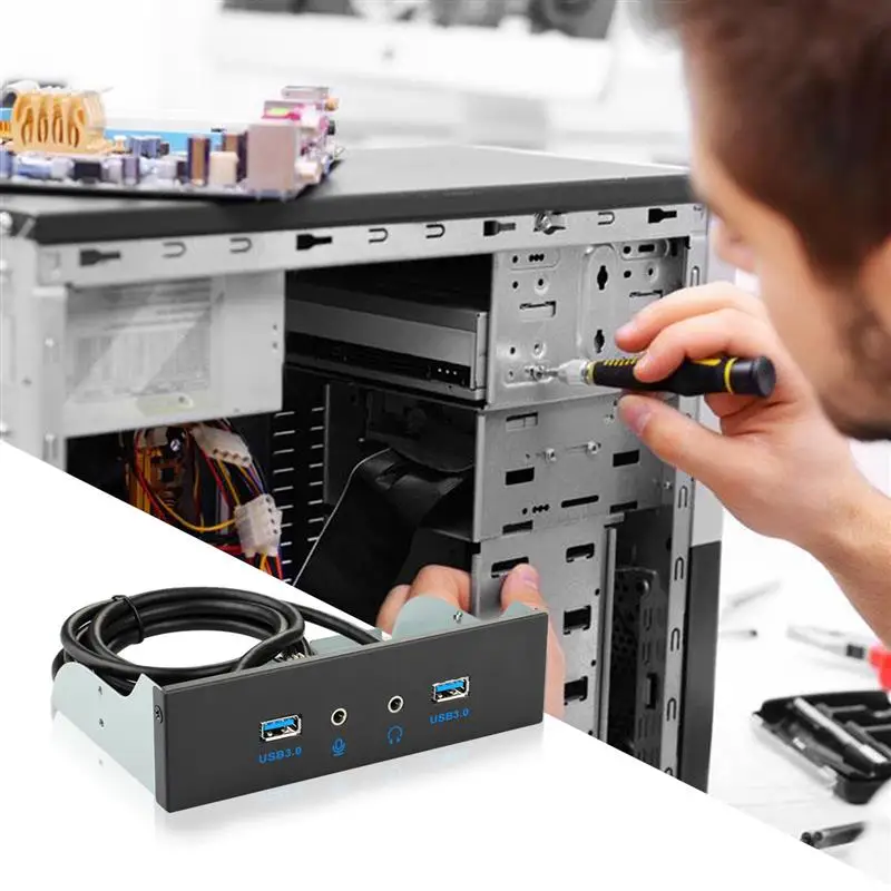 

USB 3.0 Hub 20Pin PC Front Panel Dual USB3.0 HD Audio 3.5mm Earphone MIC Connector Metal Bracket For Desktop Floppy Disk Bay
