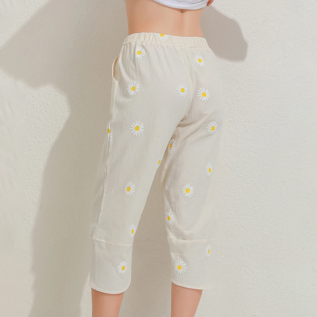 

Women Slim High Waist Trousers Fashion Printed Floral Calf Length Pants Heigh Quality Pant With Pocket For Female