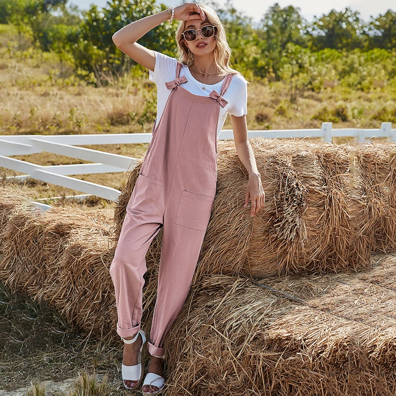 

Office Ladies Streetwear Casual Straight Flanging Jumpsuit Solid Color Loose High Waist With Pocket And Bow Women Overalls