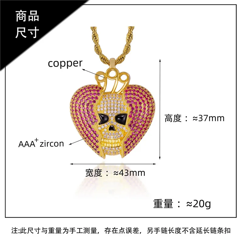 

Hip Hop Broken Heart Pendant With Iced Out Cubic Zircon Skull Charm Necklace For Men Women Party Jewelry Gift