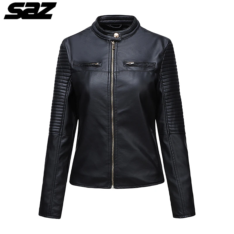 

Saz 2020 New Fashion Women Autunm Black Blue Fake Faux Leather Jackets Lady PU Zipper Pocket Motorcycle Outerwear Coat
