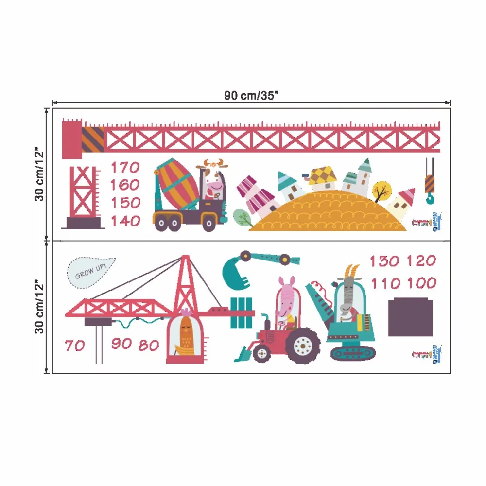 

Cartoon Engineering Vehicle Height Measure Wall Stickers for Kids room Bedroom Kindergarten Eco-friendly Art Decals Murals