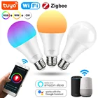 Умсветильник лампочка Tuya с Wi-Fi или Zigbee, светодиодные лампочки для дома, E27, B22, 12 Вт, 15 Вт, 110 В, 220 В, RGB + WW + CW, голосовое управление с помощью Alexa, Google Home