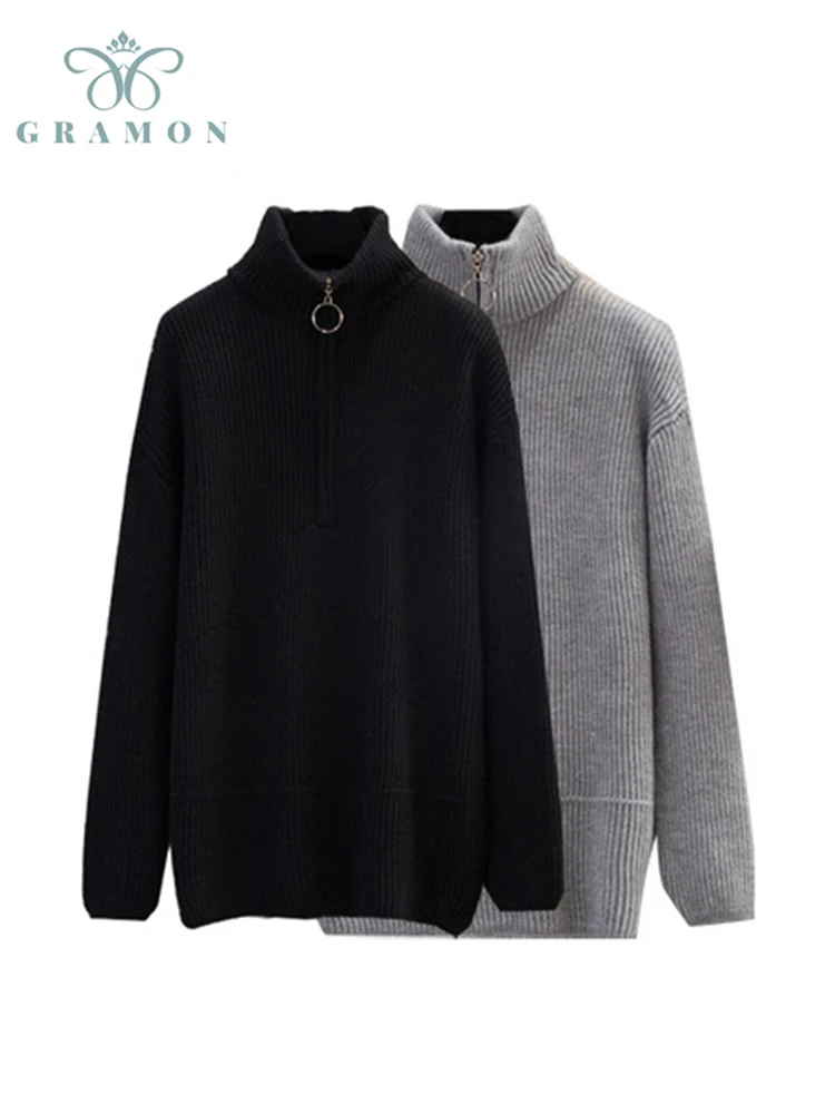 

Свитера, пуловер, Женская осенне-зимняя Корейская водолазка на молнии, плотная Вязаная Женская одежда оверсайз, однотонный топ с длинным ру...