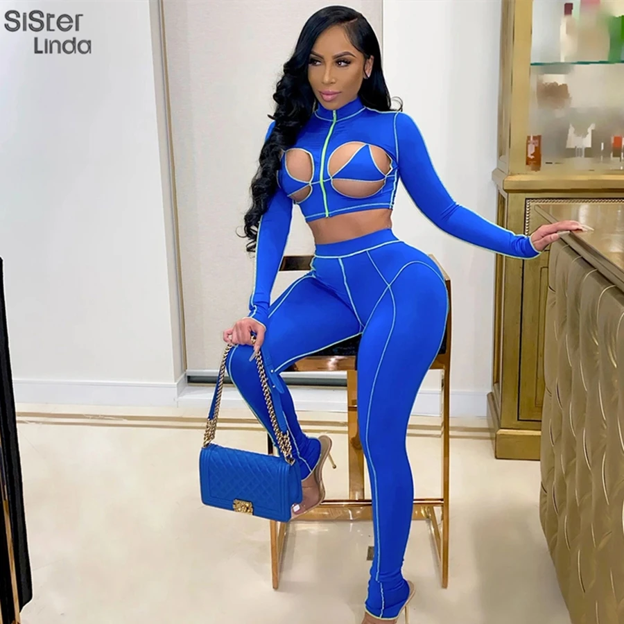 

Sisterlinda Women Sexy Hollow Zipper Top Bra+Skinny Leggings Two Piece Outfits 2021 Spring Activewear Fitness Workout Streetwear