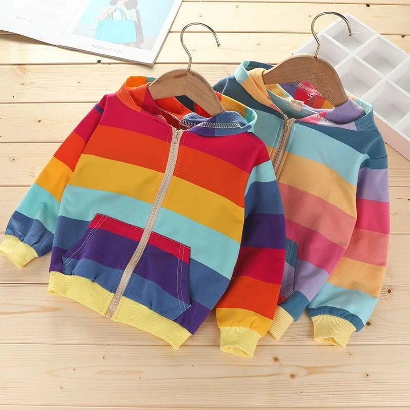 

2021 Autumn Winter New Girls' Coat Children Top Baby Long Sleeve Korean Rainbow Cardigan Fashion Hooded Zipper Tunic Korean Top