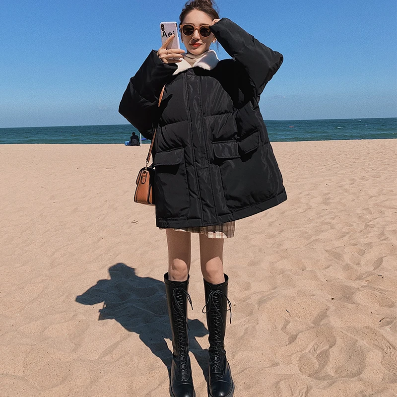 

FORYUNSHES Korean Winter Woman Parkas Plus Size Clothing Thicken Purple With Fur Collar Warm Red Jacket Outerwear Black Coat
