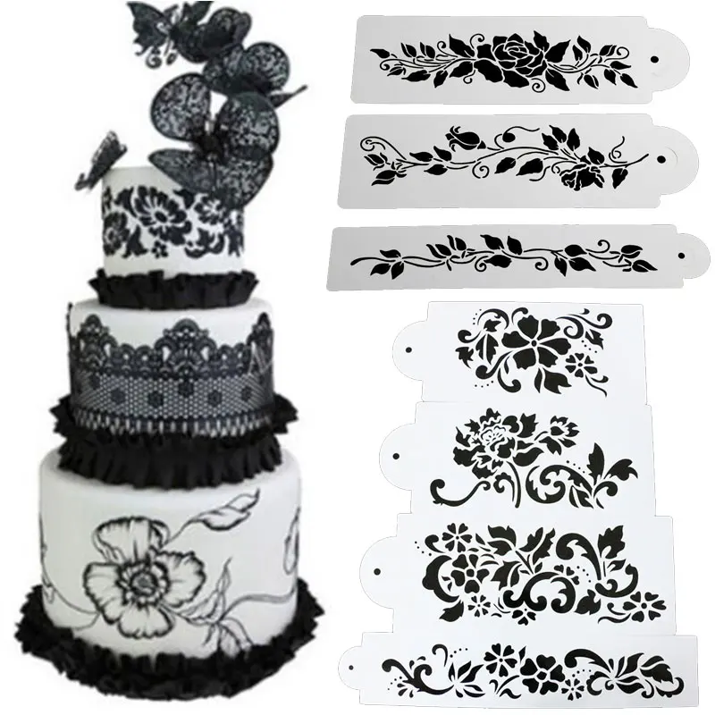 

DADATOP 4PCS/Set Kitchen supplies baking tool set leaf and flower spray pattern Cake Stencil Cake Boder Stencils Cake Mould