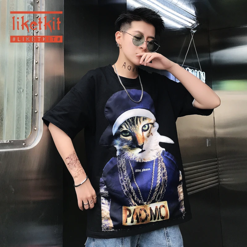 Liketkit летняя мужская футболка в стиле хип-хоп с рисунком кота Харадзюку хлопок