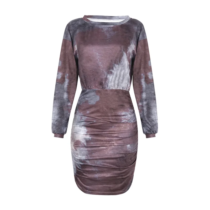 

Spot 2021 New Women's Dress Printed In Europe and America with One Line Collar Long Sleeve Sexy Buttock Pleated Dress