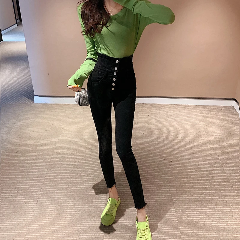 

GOOHOJIO 2020 New Autumn Fashionable Chic Pant for Women Solid Color Tight Women Denim Pants High Waist Button Long Jeans Women